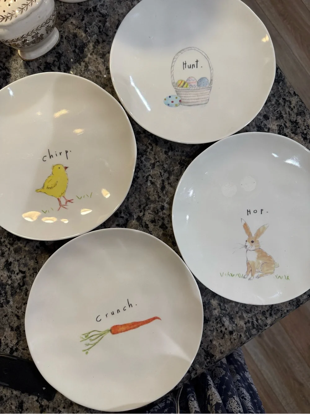 Rae Dunn White Dessert Plates with Pastel Spring Motifs